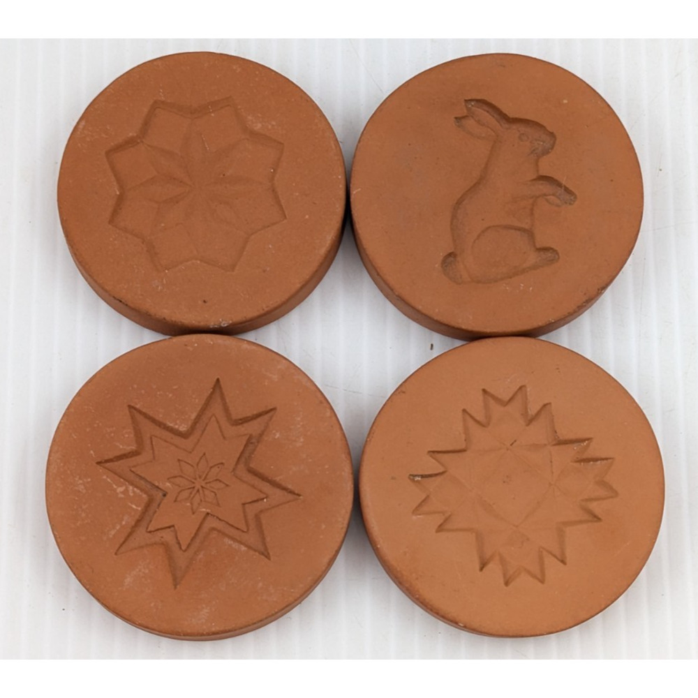 4 Vintage Rycraft Round Terra Cotta Cookie Mold Stamp Bunny Quilt Snowflake LOT